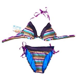 Seekers Australia Striped Ruffle Trim Bikini Swimsuit Size 12 NEW